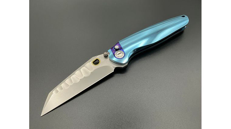 Ketuo Knife Dirty Bird Button Lock Folding Knife 3.74 inch M390 Bead Blast Wharncliffe Blade, Blue Titanium Handles with Mokuti Inlays