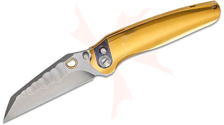 Ketuo Knife Dirty Bird Button Lock Folding Knife 3.74 inch M390 Bead Blast Wharncliffe Blade, Gold Titanium Handles with Zircuti Inlays