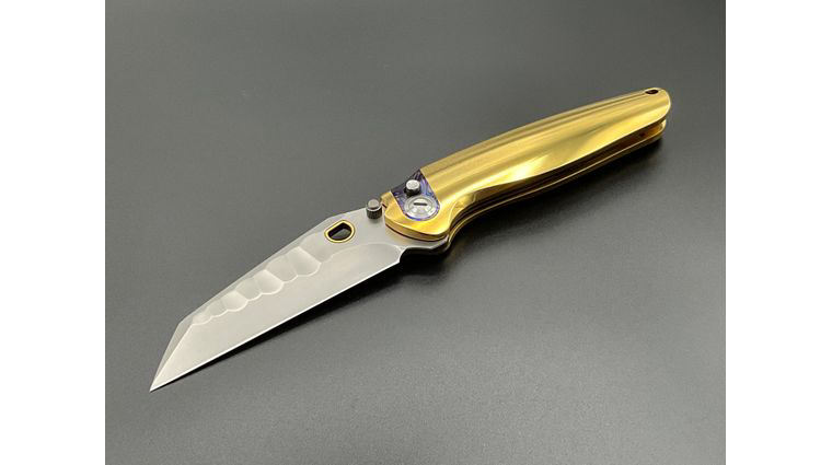 Ketuo Knife Dirty Bird Button Lock Folding Knife 3.74 inch M390 Bead Blast Wharncliffe Blade, Gold Titanium Handles with Zircuti Inlays