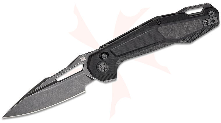 Ketuo Knife David Jin Griffin Button Lock Flipper Knife 3.54 inch 14C28N Stonewashed Spear Point Blade, Black G10 Handles with Carbon Fiber Inlays
