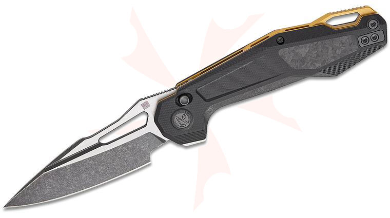 Ketuo Knife David Jin Griffin Button Lock Flipper Knife 3.54 inch 14C28N Two-Tone Spear Point Blade, Black G10 Handles with Carbon Fiber Inlays