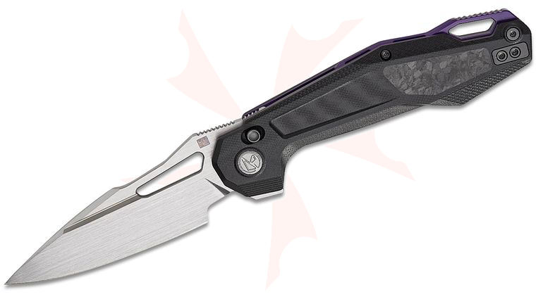 Ketuo Knife David Jin Griffin Button Lock Flipper Knife 3.54 inch 14C28N Satin Spear Point Blade, Black G10 Handles with Carbon Fiber Inlays