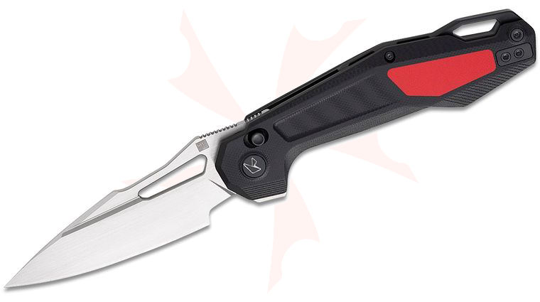 Ketuo Knife David Jin Griffin Button Lock Flipper Knife 3.54 inch 14C28N Satin Spear Point Blade, Black G10 Handles with Red G10 Inlays