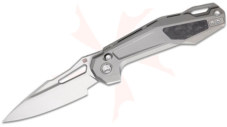 Ketuo Knife David Jin Griffin V3 Button Lock Flipper Knife 3.54 inch M390 Satin Spear Point Blade, Gray Titanium Handles with Carbon Fiber Inlays