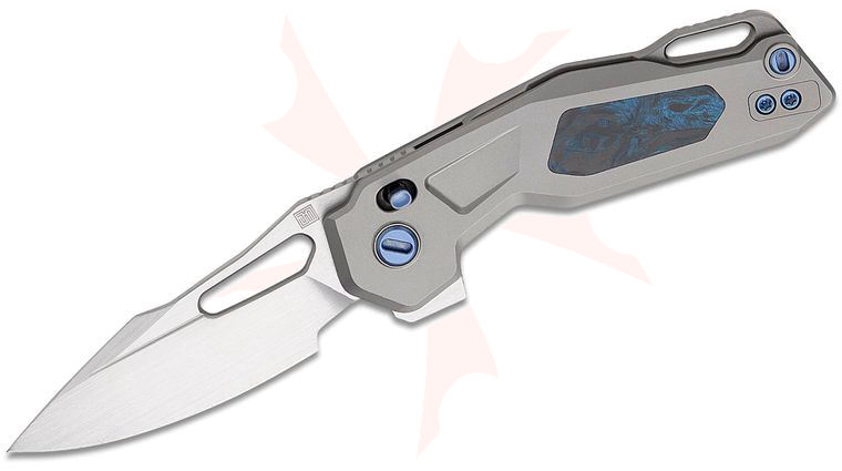 Ketuo Knife David Jin Mini Griffin Button Lock Flipper Knife 2.91 inch M390 Satin Spear Point Blade, Gray Titanium Handles with Blue Shred Carbon Fiber Inlays