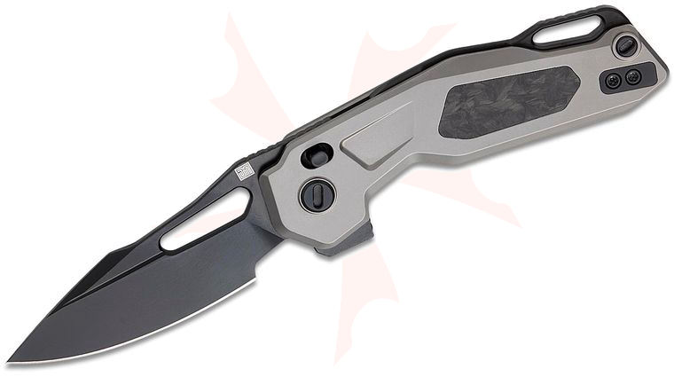 Ketuo Knife David Jin Mini Griffin Button Lock Flipper Knife 2.91 inch M390 Black DLC Spear Point Blade, Gray Titanium Handles with Shred Carbon Fiber Inlays