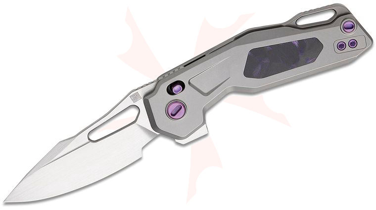 Ketuo Knife David Jin Mini Griffin Button Lock Flipper Knife 2.91 inch M390 Satin Spear Point Blade, Gray Titanium Handles with Purple Shred Carbon Fiber Inlays