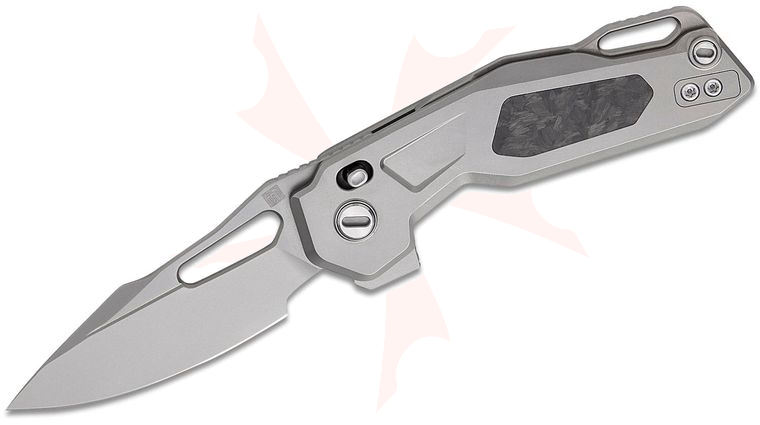 Ketuo Knife David Jin Mini Griffin Button Lock Flipper Knife 2.91 inch M390 Bead Blast Spear Point Blade, Gray Titanium Handles with Shred Carbon Fiber Inlays