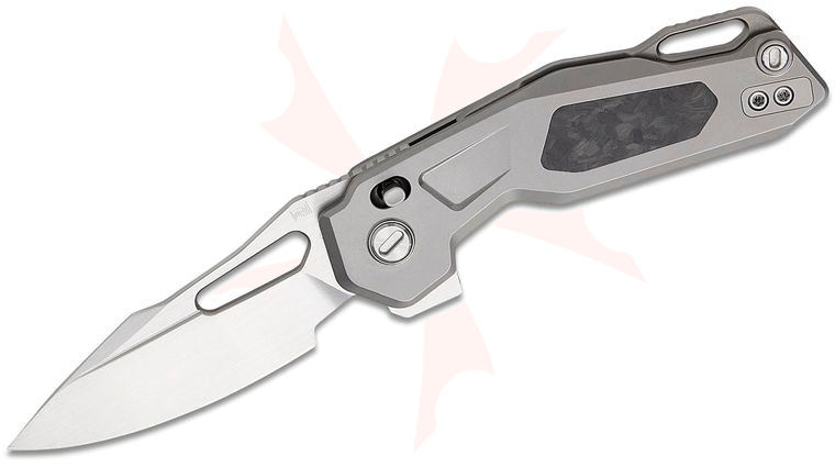 Ketuo Knife David Jin Mini Griffin Button Lock Flipper Knife 2.91 inch M390 Satin Spear Point Blade, Gray Titanium Handles with Shred Carbon Fiber Inlays