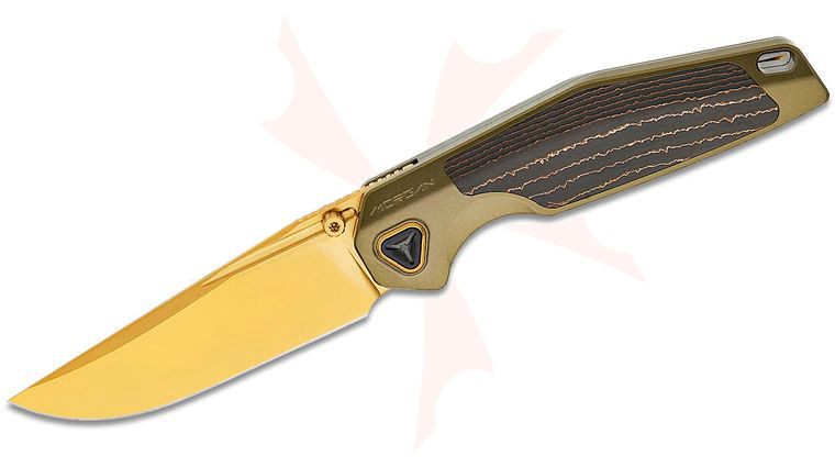 Ketuo Knife Morgan Front Flipper Knife 3.27 inch S45VN TiC Gold Clip Point Blade, Semi-Integral Gold Titanium Handles with Gold Carbon Fiber Inlay
