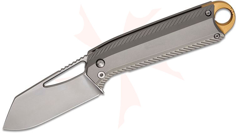 Ketuo Knife Ventr V4 Button Liner Lock Folding Knife 2.8 inch M390 Hand-Rubbed Satin Clip Point Blade, Bead Blasted Titanium Handles, Gold Accents, Safety Lock