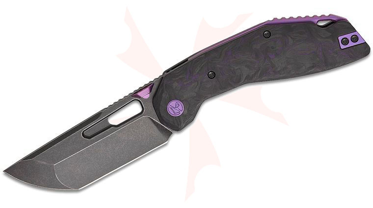 Ketuo Knife Yakuza CF Liner Lock Front Flipper Knife 3.34 inch 154CM Black Stonewashed Modified Tanto Blade, Black and Purple Marble Carbon Fiber Handles