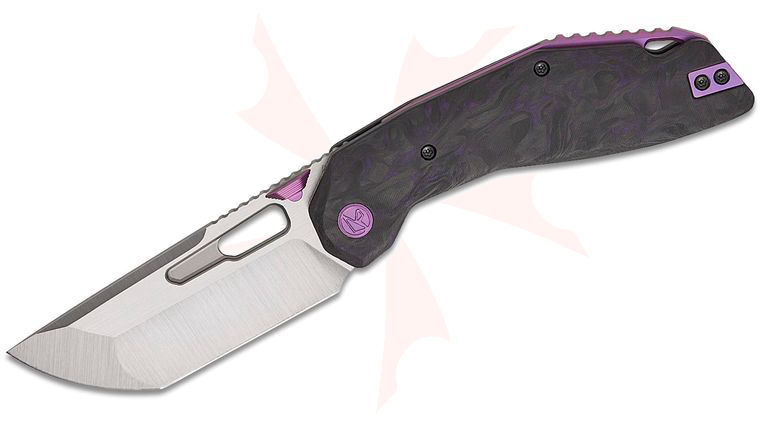 Ketuo Knife Yakuza CF Liner Lock Front Flipper Knife 3.34 inch 154CM Satin Modified Tanto Blade, Black and Purple Marble Carbon Fiber Handles