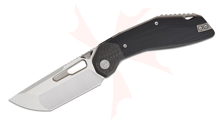 Ketuo Knife Yakuza Liner Lock Front Flipper Knife 3.31 inch 14C28N Satin Modified Tanto Blade, Black G10 Handles with Carbon Fiber Bolsters