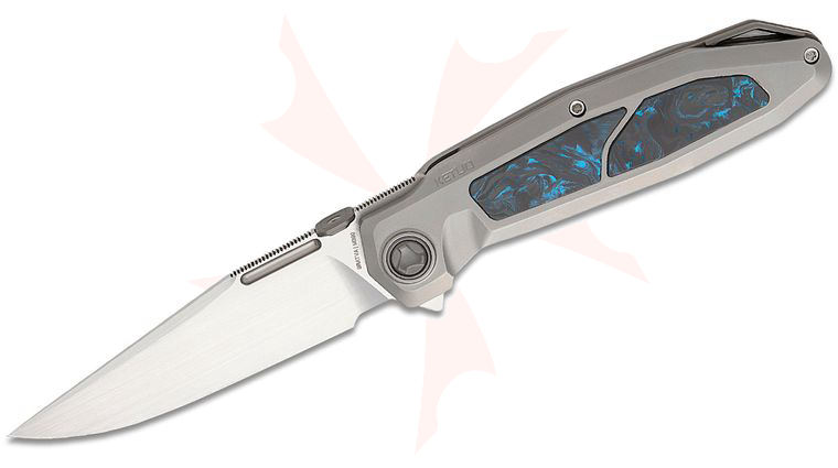 Ketuo Knife Bratva Liner Lock Flipper Knife 3.85 inch M390 Satin Clip Point Blade, Blasted Titanium Handles with Blue Marble Carbon Fiber Inlays