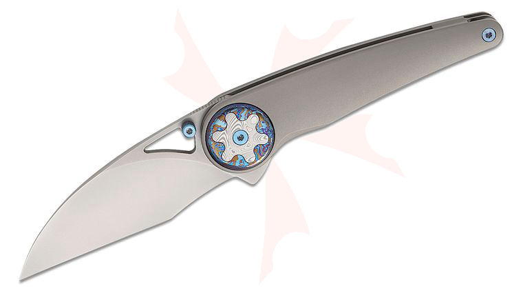 Ketuo Knife Happy Hour Liner Lock Flipper Knife 3.26 inch M390 Bead Blast Wharncliffe Blade, Blasted Titanium Handles, Damasteel and Timascus Pivot Collar, Timascus Clip