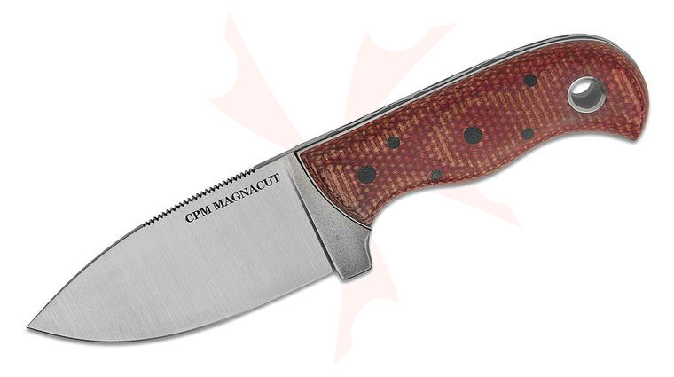 KHDaily Pocket Bushcrafter Fixed Blade Knife 3.25 inch CPM-MagnaCut Satin Drop Point Blade, Red Firehose Burlap Micarta Handles with Black and White G10 Liners, Bubbles Filework, Leather Sheath