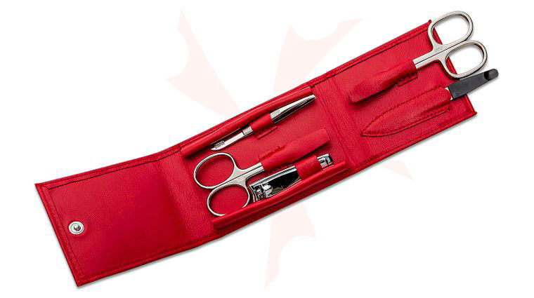 Kiehl Solingen 5pc Travel Manicure Set, Nickel, Red Nappa Leather Sleeve