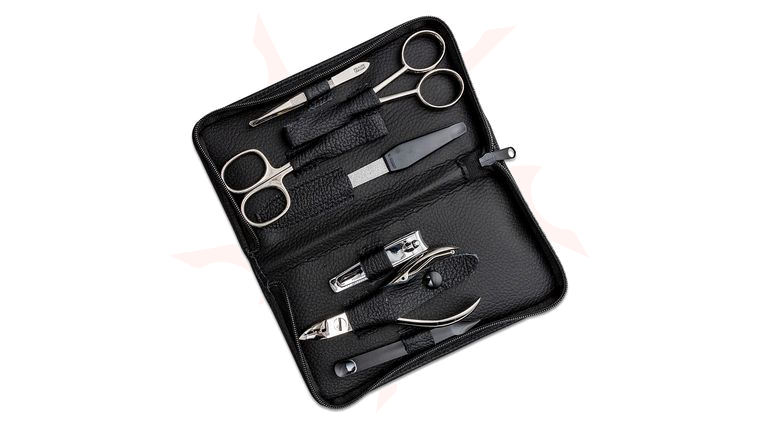 Kiehl Solingen 7pc Manicure Set, Nickel, Black Nappa Leather Zipper Case