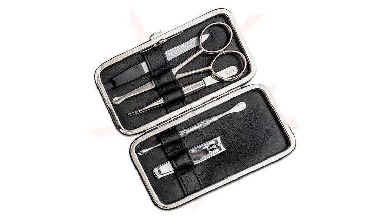 Kiehl Solingen 5pc Manicure Set, Nickel, Black Nappa Leather Zipper Case