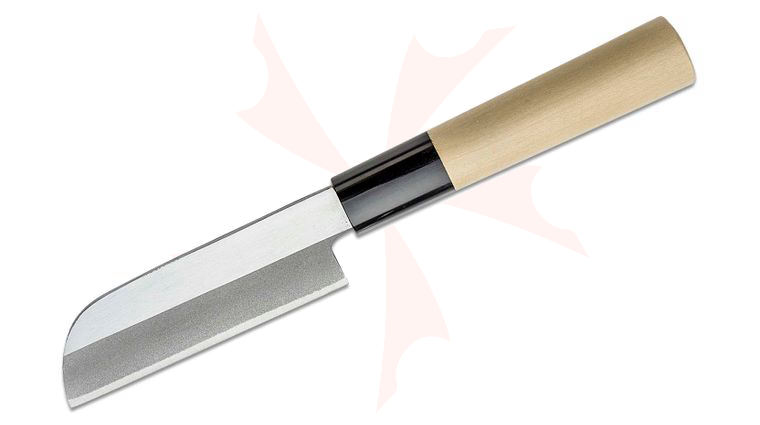 Kikuichi Tatsutogi Series Kawamuki Vegetable Knife 4.2 inch 2-Layer Carbon Steel Blade, Japanese Magnolia Wood Handle