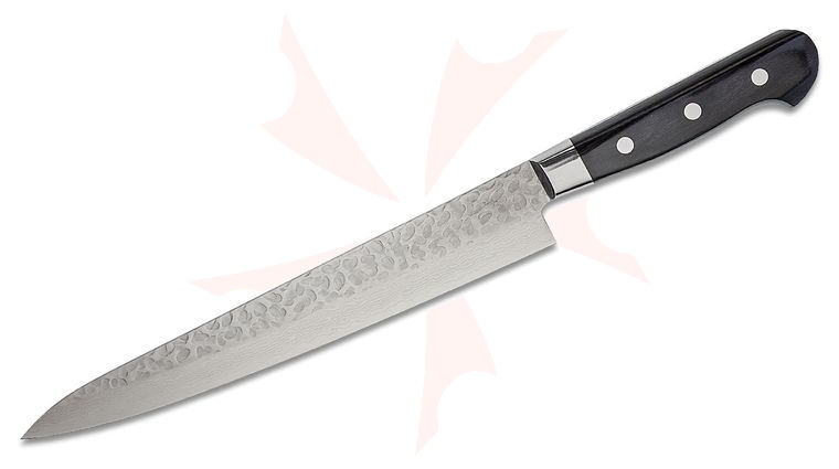 Kikuichi Elite Warikomi Damascus Tsuchime Sujihiki Knife 9.5 inch Hammered Blade (WGSD24sp)