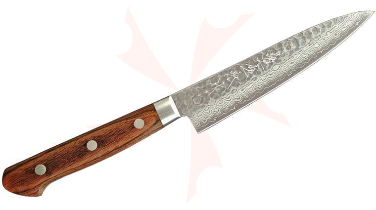 Kikuichi Warikomi VG10 Damascus Tsuchime Petty Knife 5.3 inch Blade, Mahogany Wood Handles