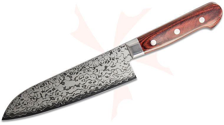 Kikuichi Limited Edition Elite Warikomi VG10 Stainless Damascus Santoku Knife 7 inch Blade, Mahogany-Dyed Birch Handles with Steel Bolsters