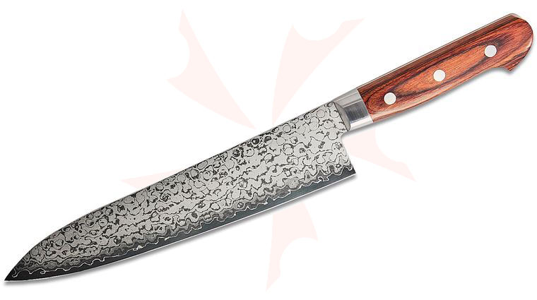 Kikuichi Limited Edition Elite Warikomi VG10 Stainless Damascus Gyuto Knife 8 inch Blade, Mahogany-Dyed Birch Handles with Steel Bolsters