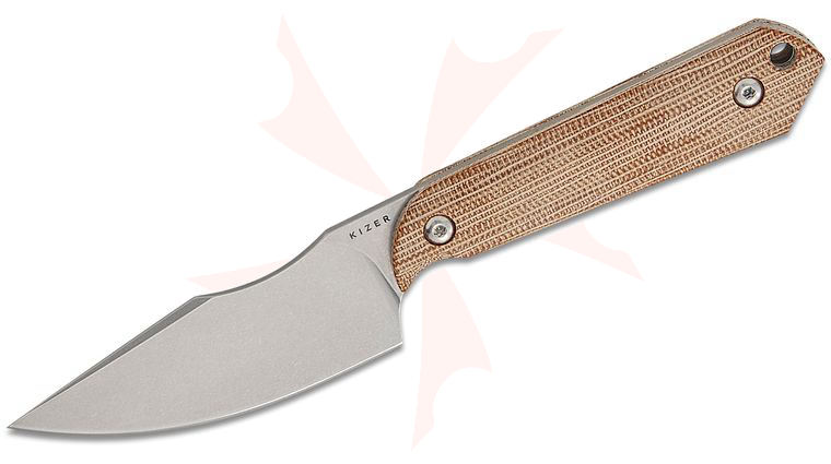 Kizer Cutlery Maverick Customs Harpoon Mini Fixed Blade Knife 3 inch AEB-L Stonewashed Harpoon Blade, Brown Micarta Handles, Kydex Sheath