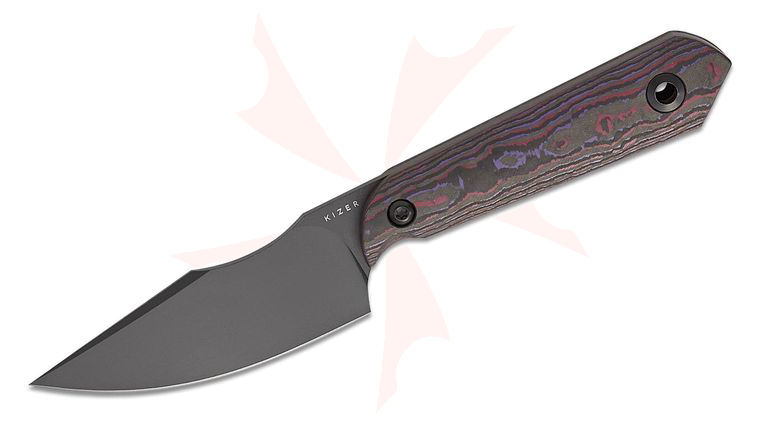Kizer Cutlery Maverick Customs Harpoon Mini Fixed Blade Knife 3 inch CPM-S45VN Black DLC-Ultra Harpoon Blade, Purple Haze FatCarbon Handles, Kydex Sheath