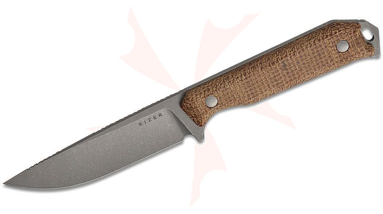 Kizer Cutlery Azo Begleiter Fixed Blade Knife 3.78 inch CPM-3V Gray Stonewashed Drop Point Blade, Burlap Micarta Handles, Kydex Sheath