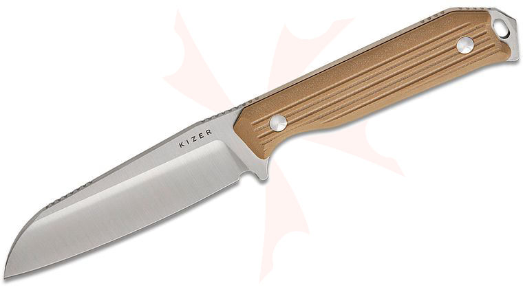 Kizer Cutlery Azo Begleiter Fixed Blade Knife 3.75 inch AEB-L Satin Sheepsfoot Blade, Tan G10 Handles, Kydex Sheath