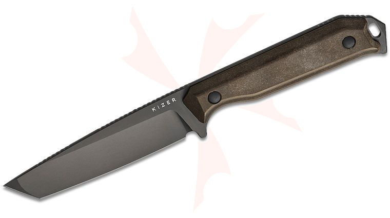 Kizer Cutlery Azo Begleiter Fixed Blade Knife 3.74 inch CPM-3V Black DLC-Ultra Tanto Blade, Chocolate Glacier Richlite Handles, Kydex Sheath