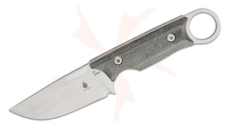 Kizer Cutlery 1048A1 Jonathan Styles Cabox Fixed Blade Knife 3.35 inch D2 Stonewashed Drop Point Blade, Black Micarta Handles with Pinky Ring, Kydex Sheath