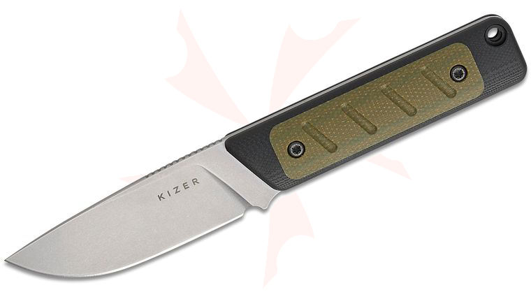 Kizer Cutlery Jonathan Styles Smolt Fixed Blade Knife 2.93 inch 14C28N Stonewashed Drop Point Blade, Black G10 Handles with Green Micarta Inlays, Kydex Sheath