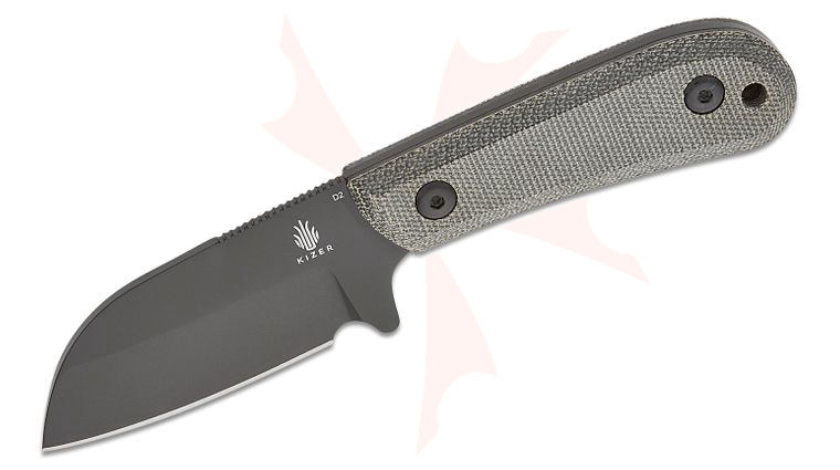 Kizer Cutlery 1062A2 Tyler Barnes Deckhand Fixed Blade Knife 2.95 inch D2 Black Stonewashed Sheepsfoot Blade, Black Micarta Handles, Kydex Sheath
