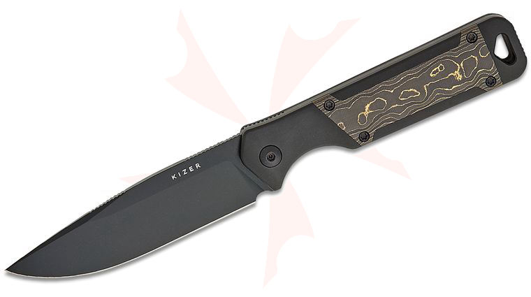 Kizer Cutlery Jonathan Styles Militaw Fixed Blade Knife 3.83 inch CPM-S35VN Black Drop Point Blade, Contoured Black Aluminum Handles with Gold CamoCarbon Inlays, Kydex Sheath