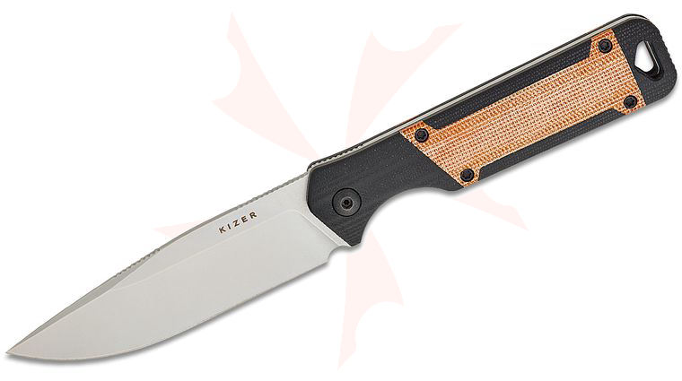 Kizer Cutlery Vanguard Jonathan Styles Militaw Fixed Blade Knife 3.83 inch Nitro-V Satin Drop Point Blade, Contoured Black G10 Handles with Natural Micarta Inlays, Kydex Sheath