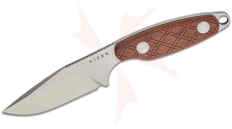 Kizer Cutlery Derek Sharon Muskrat Pocket Fixed Blade Knife 3.15 inch S35VN Satin Clip Point Blade, Argyle Pattern Mkuruti Wood Handles, Black Kydex IWB Sheath