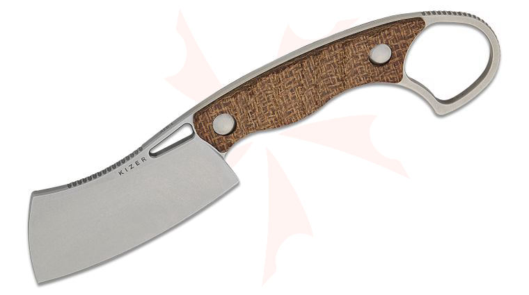 Kizer Cutlery 1065A4 Kapuscinski Giedymin Little Rhino Fixed Blade Knife 2.72 inch AEB-L Stonewashed Cleaver Blade, Burlap Micarta Handles with Pinky Ring, Kydex Sheath