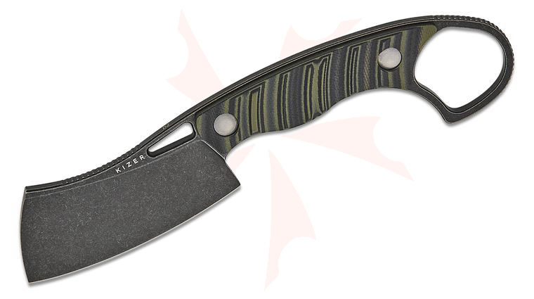 Kizer Cutlery 1065A3 Kapuscinski Giedymin Little Rhino Fixed Blade Knife 2.72 inch D2 Black Stonewashed Cleaver Blade, Black/OD Green G10 Handles with Pinky Ring, Kydex Sheath