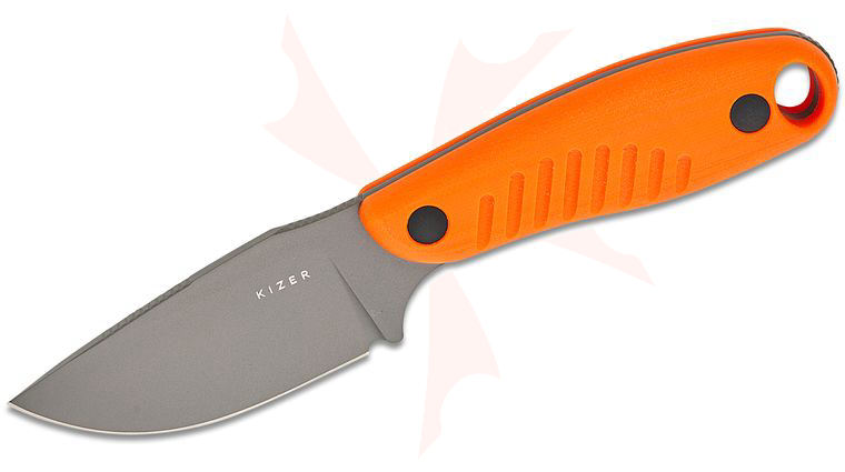 Kizer Cutlery Azo Hare Fixed Blade Knife 3.14 inch D2 Gray PVD Drop Point Blade, Milled Orange G10 Handles, Kydex Sheath