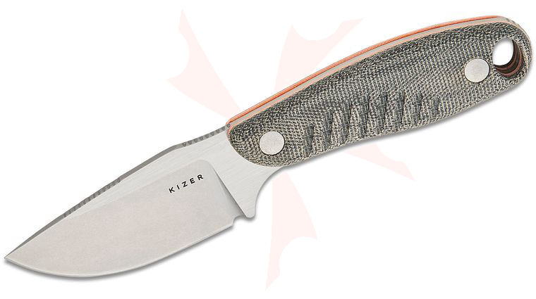 Kizer Cutlery Azo Hare Fixed Blade Knife 3.14 inch Nitro-V Two-Tone Drop Point Blade, Milled Black Micarta Handles with Orange G10 Spacers, Kydex Sheath