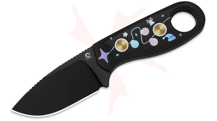 Kizer Cutlery Christmas Limited Edition Beaver 2 Fixed Blade Knife 2.75 inch D2 Black Stonewashed Clip Point Blade, Black Baubles G10 Handles, Snowflake Kydex Sheath