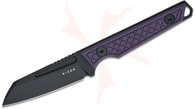 Kizer Cutlery Johan Jordaan Phasmids Fixed Blade Knife 2.8 inch AEB-L Black Sheepsfoot Blade, Machined Purple G10 Handles, Kydex Sheath