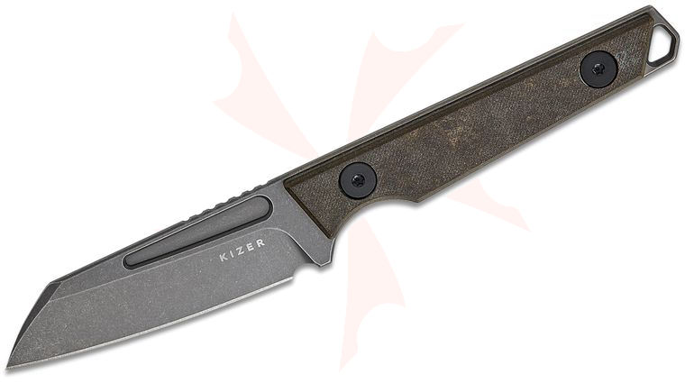 Kizer Cutlery Johan Jordaan Phasmids Fixed Blade Knife 2.8 inch AEB-L Gray Stonewashed Sheepsfoot Blade, Chocolate Glacier Richlite Handles, Kydex Sheath