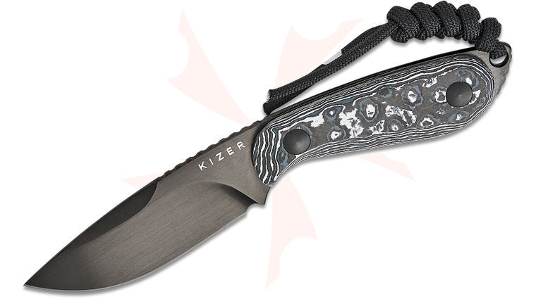Kizer Cutlery Maksim Epifantsev BUDDY Fixed Blade Knife 3 inch M390 Brushed Black DLC Drop Point Blade, White Storm FatCarbon Handles, Kydex Sheath