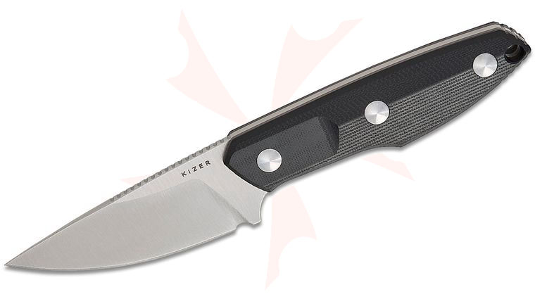 Kizer Cutlery Kornel Kiss Splinter Fixed Blade Knife 3.15 inch AEB-L Satin Drop Point Blade, Black G10 Handles with Brown Spacers, Kydex Sheath