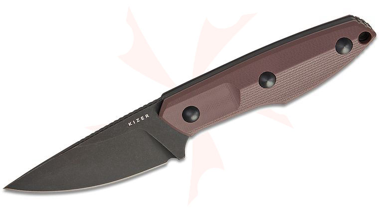Kizer Cutlery Kornel Kiss Splinter Fixed Blade Knife 3.15 inch AEB-L Black Stonewashed Drop Point Blade, Brown G10 Handles with Black Spacers, Kydex Sheath